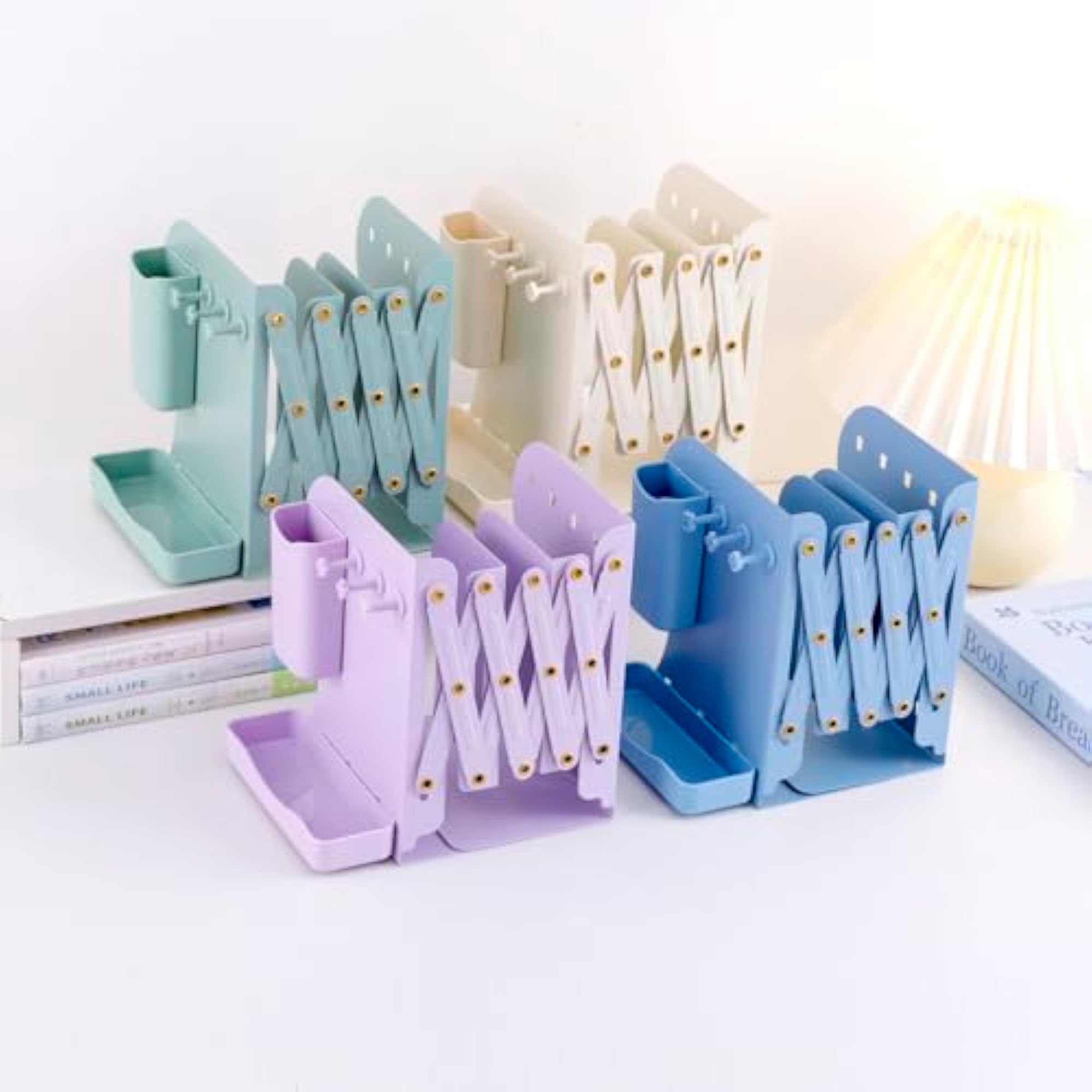 Expandable Metal Bookend with Pen Holder, 3 Compartments